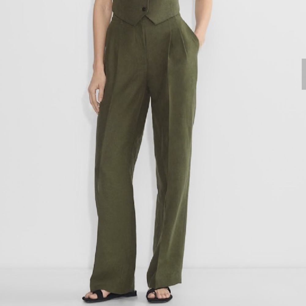 ARITZIA Effortless Linen Wide Leg‎ Trouser Pants In Dark Olive Green Size 14 NWT
